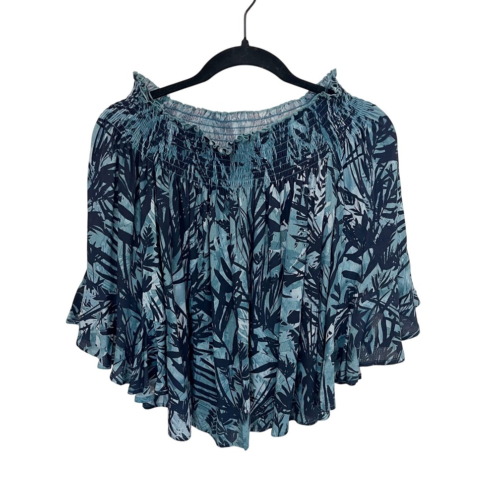 NEW LoveStitch Teal Blue Palm‎ Print Smocked Off Shoulder Bell Sleeve Top SMALL